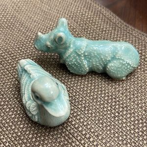 Vintage Chinese Celadon miniature Rhino and Duck figurine. Signed ceramic glaze